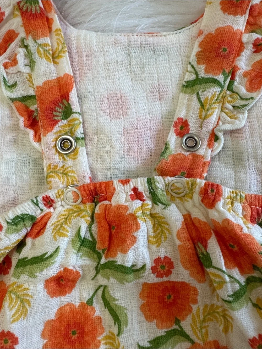 Angel Dear Muslin Orange Marigold Ruffle Sun Bubble Baby Romper Size 6-12 Month